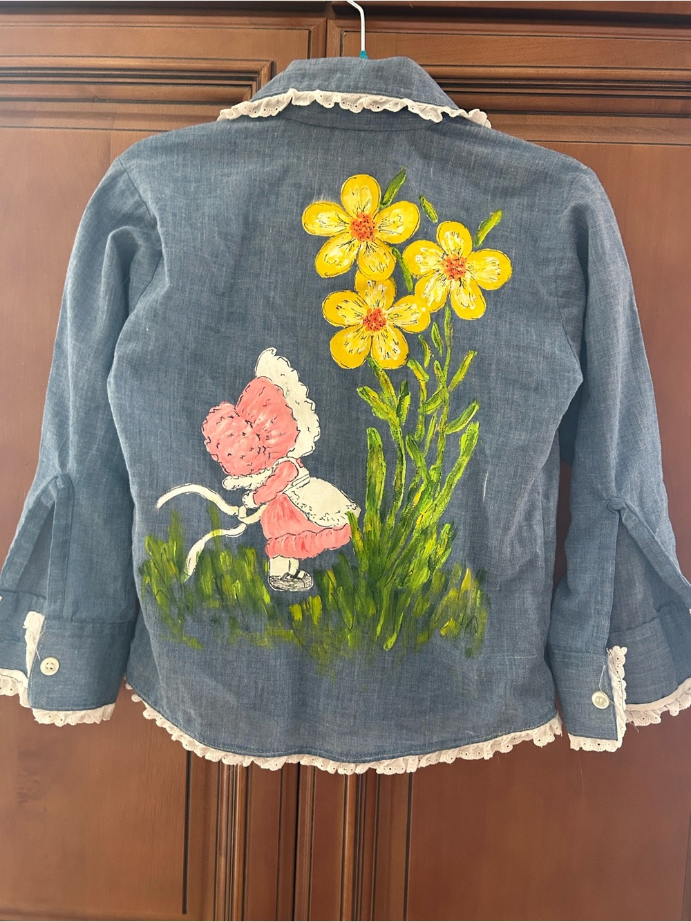 Vintage 70s Ely Plains  Snap Denim Chambray Shirt Hand Drawn Kids 6